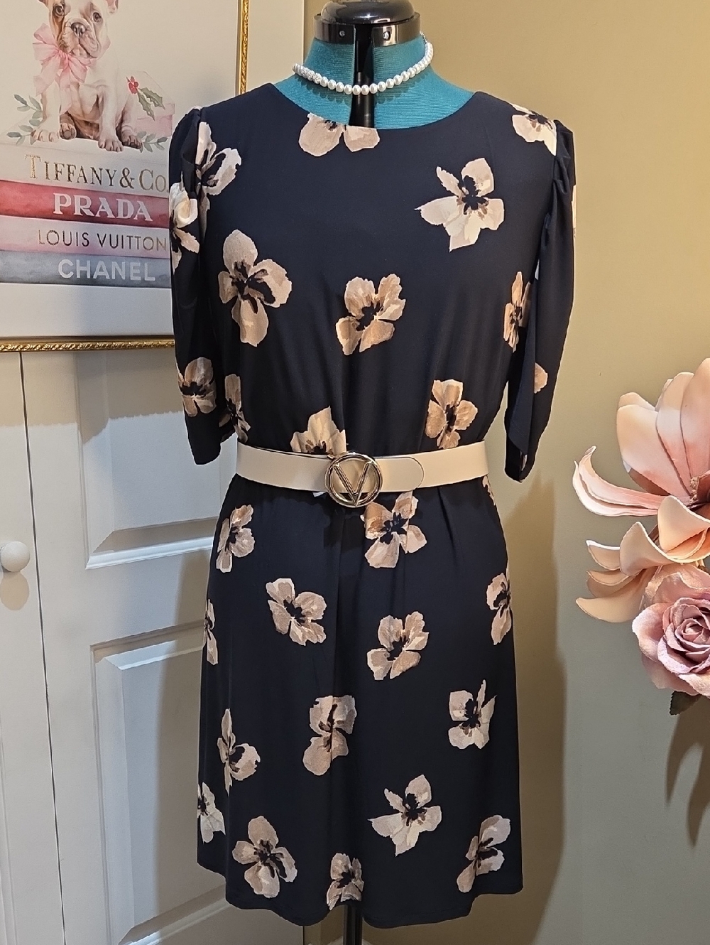 Nwot 16 Size Tommy Hilfiger Navy Midi Dress with Cream Floral Print